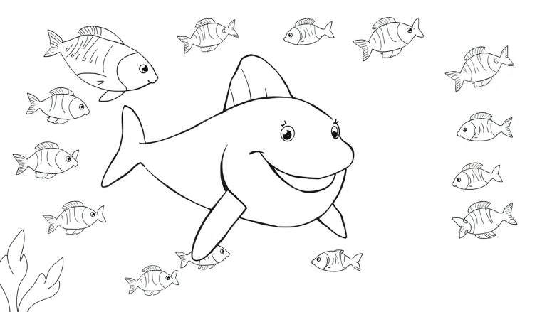 Um peixe-anjo sorridente rodeado por peixinhos em um fundo branco, com plantas marinhas no canto inferior esquerdo, ideal para colorir.