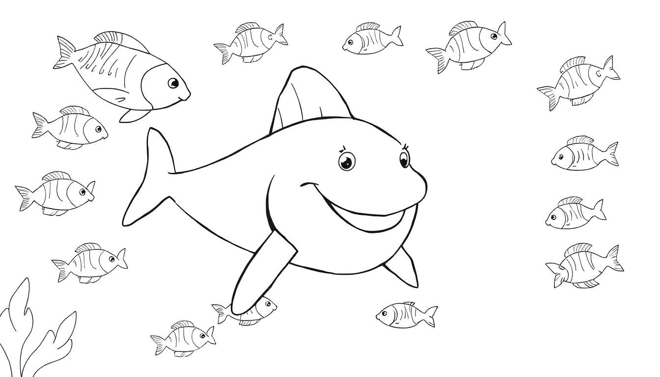 Um peixe-anjo sorridente rodeado por peixinhos em um fundo branco, com plantas marinhas no canto inferior esquerdo, ideal para colorir.
