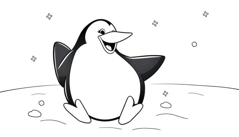 Um pinguim sorridente em preto e branco com a asa levantada, sentado na neve com flocos de neve e rochas.