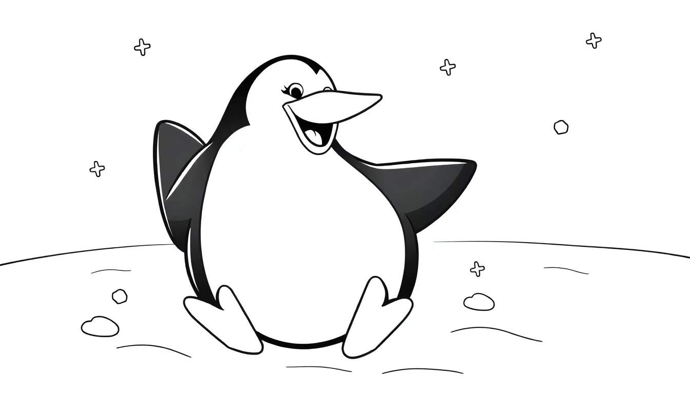Um pinguim sorridente em preto e branco com a asa levantada, sentado na neve com flocos de neve e rochas.