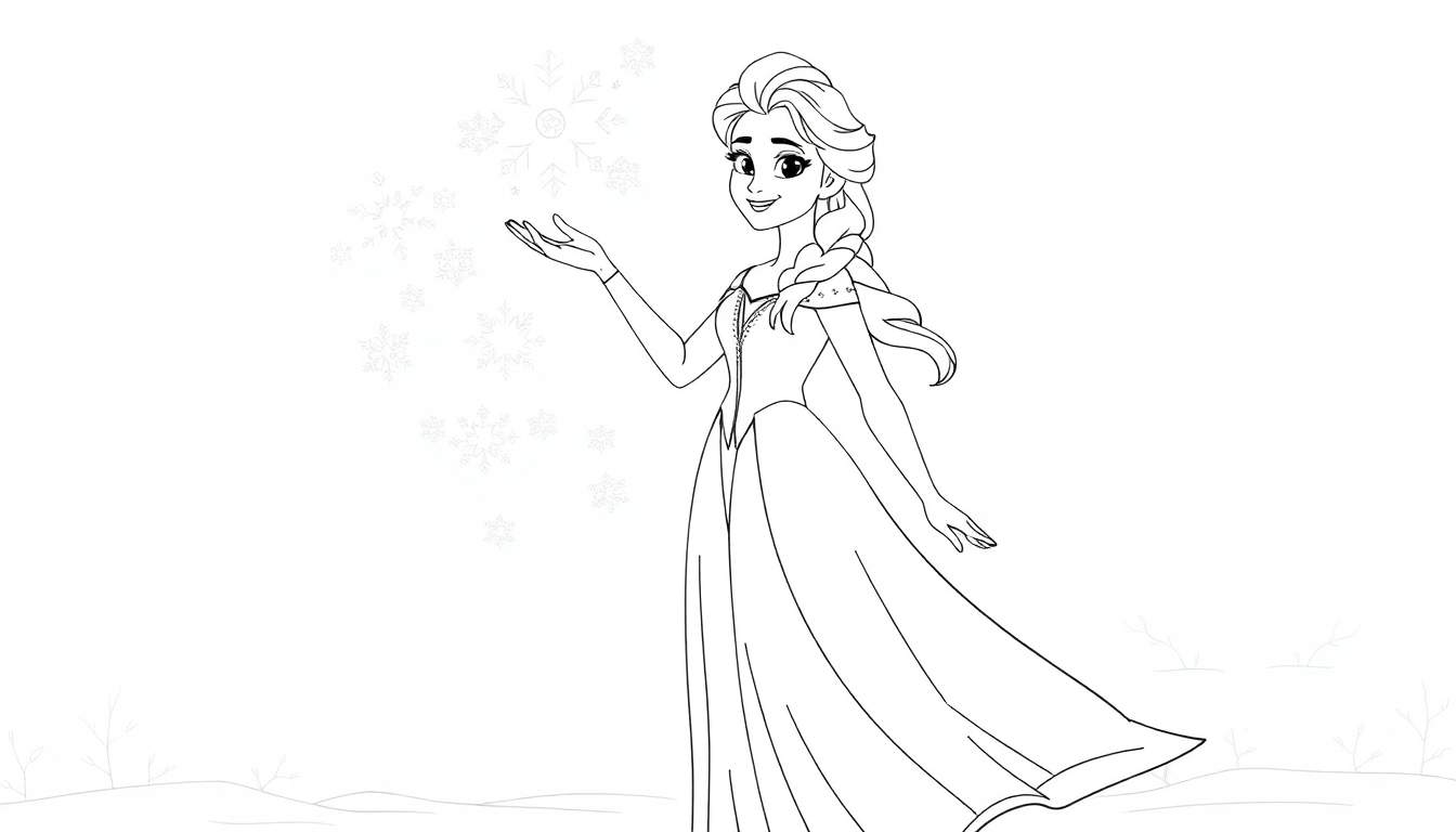 Elsa com um floco de neve na mão, sorrindo, com pequenos flocos de neve flutuando ao redor.