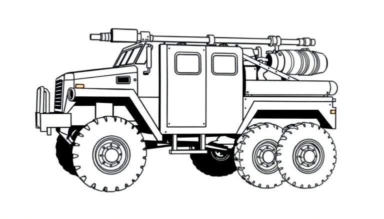 Um veículo militar robusto de seis rodas com um sistema de armamento na parte traseira, desenhado em estilo de linha.