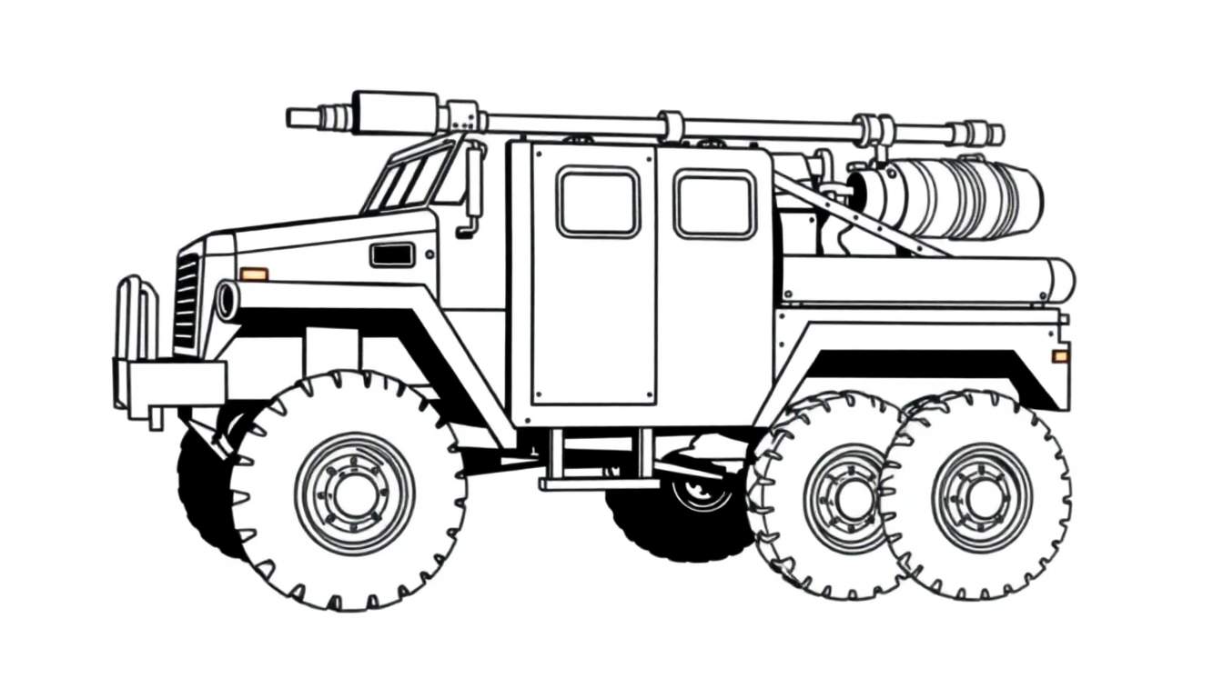 Um veículo militar robusto de seis rodas com um sistema de armamento na parte traseira, desenhado em estilo de linha.