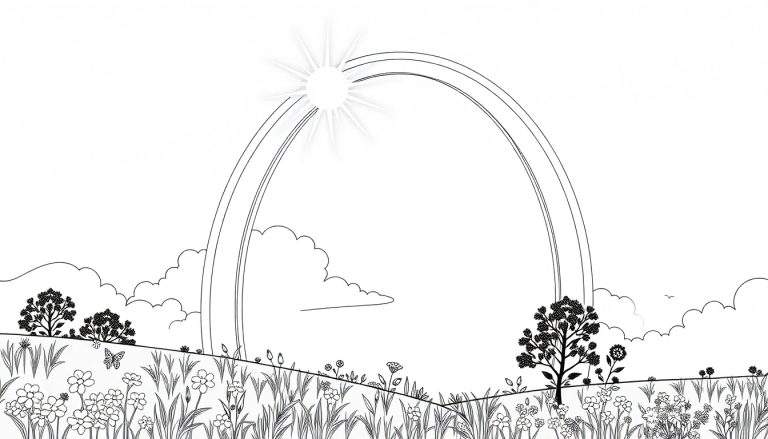 Um arco e um sol radiante sobre um campo florido com uma borboleta, sob um céu com nuvens.