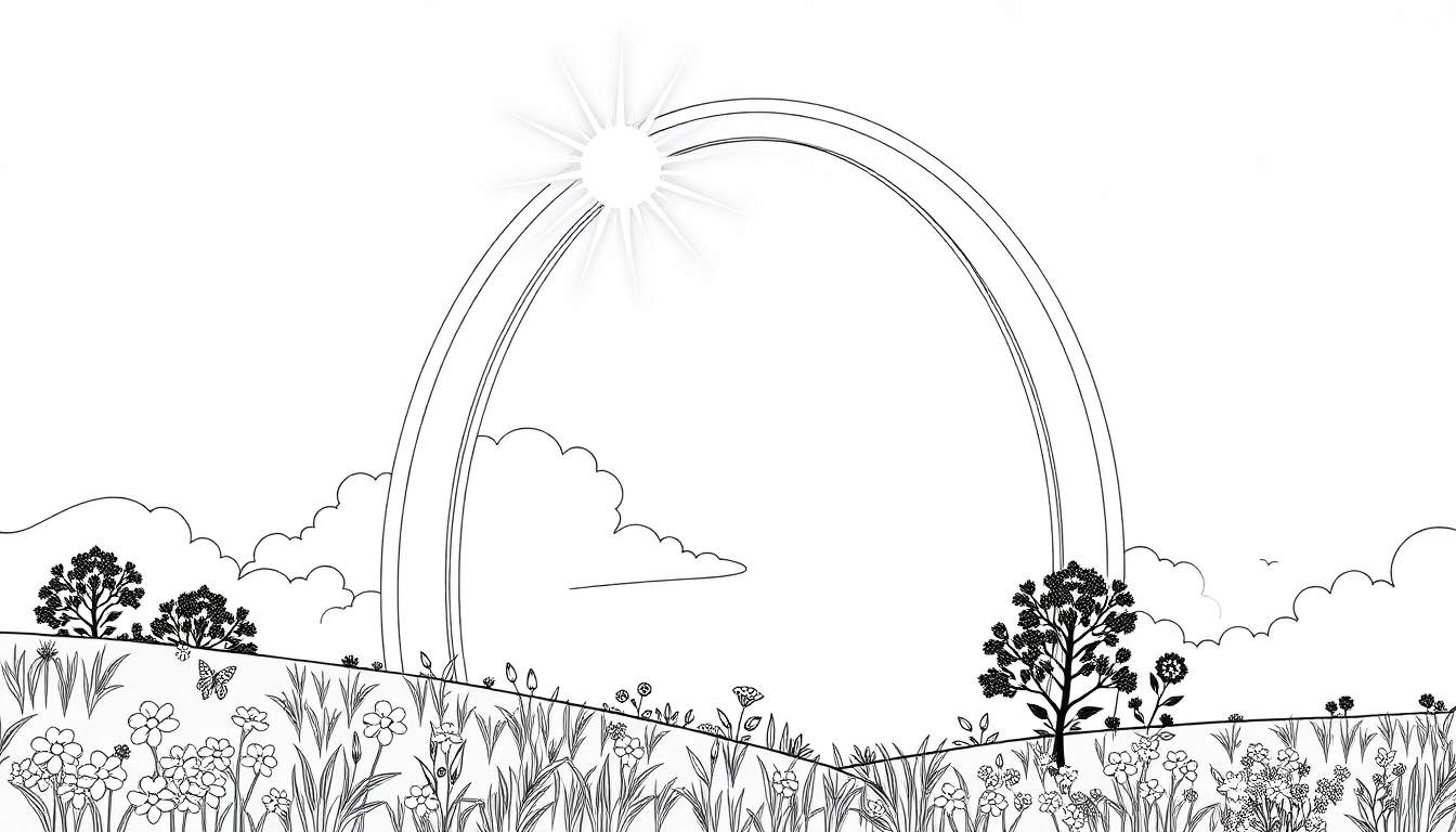 Um arco e um sol radiante sobre um campo florido com uma borboleta, sob um céu com nuvens.
