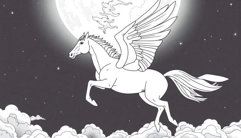 Um Pégaso branco com asas abertas voa em um céu noturno estrelado perto de uma lua cheia, com nuvens fofas abaixo. Este desenho linear é perfeito para colorir.
