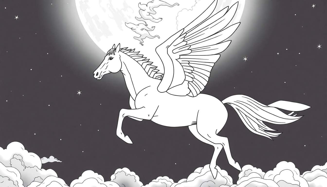 Um Pégaso branco com asas abertas voa em um céu noturno estrelado perto de uma lua cheia, com nuvens fofas abaixo. Este desenho linear é perfeito para colorir.