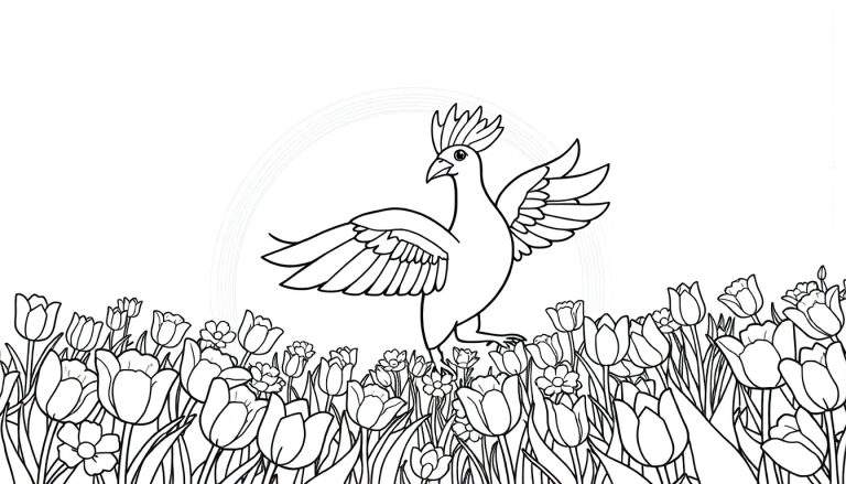 Um pássaro exótico com crista e asas abertas em um campo de tulipas, pronto para ser colorido em um painel de colorir.