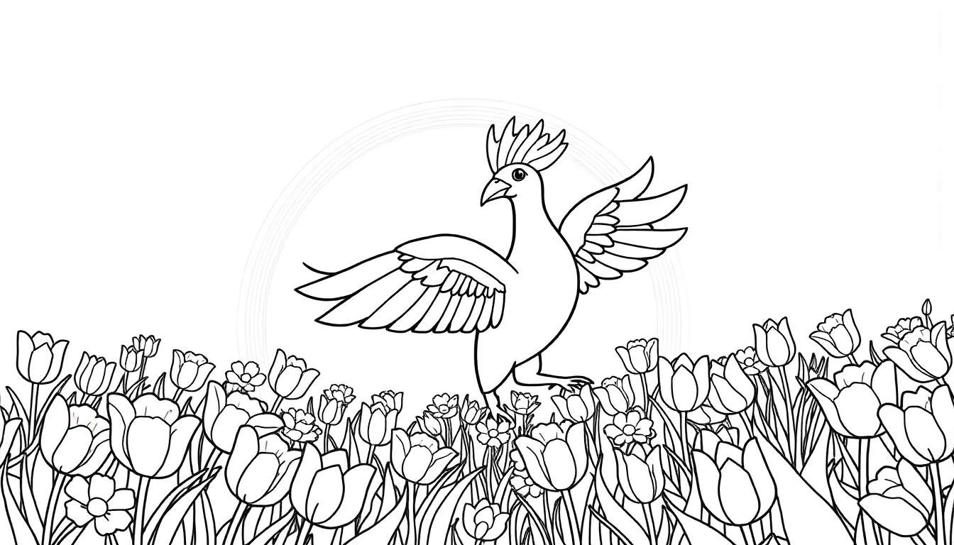 Um pássaro exótico com crista e asas abertas em um campo de tulipas, pronto para ser colorido em um painel de colorir.