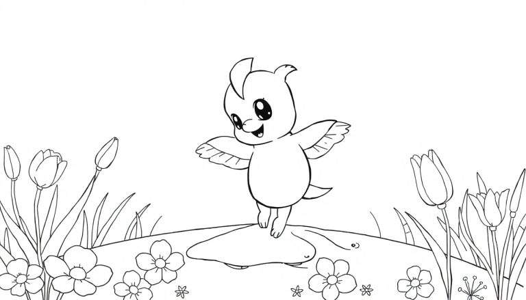 Um pássaro de desenho animado sorrindo em um campo de flores, com um céu branco.