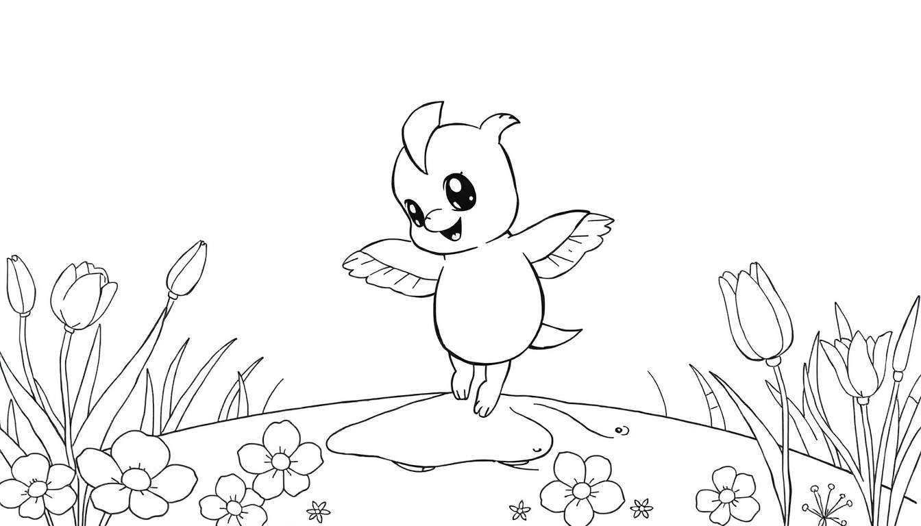 Um pássaro de desenho animado sorrindo em um campo de flores, com um céu branco.