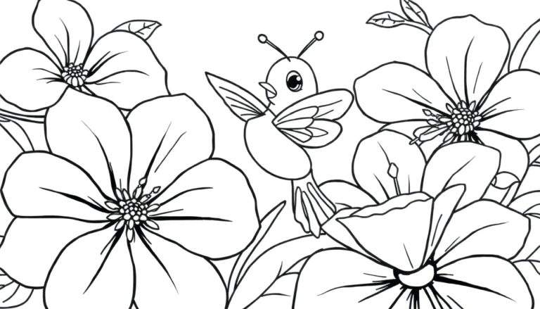 Um desenho de linha simples de um pássaro com asas parcialmente abertas, pousado entre flores grandes e detalhadas.