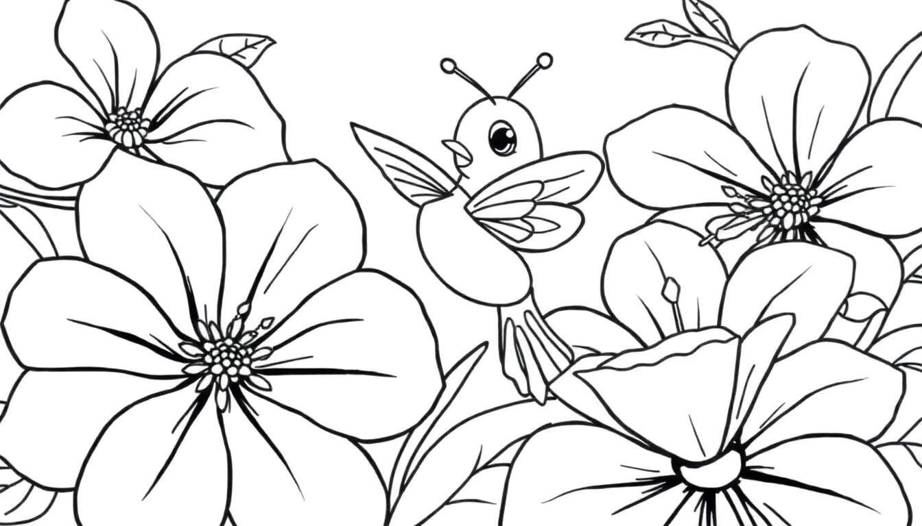 Um desenho de linha simples de um pássaro com asas parcialmente abertas, pousado entre flores grandes e detalhadas.