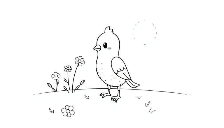 Um pássaro de desenho animado fofo em um campo gramado.