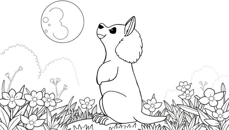 Um marsupial fofo em um campo com flores e grama, olhando para uma lua com rosto desenhado, pronto para colorir.