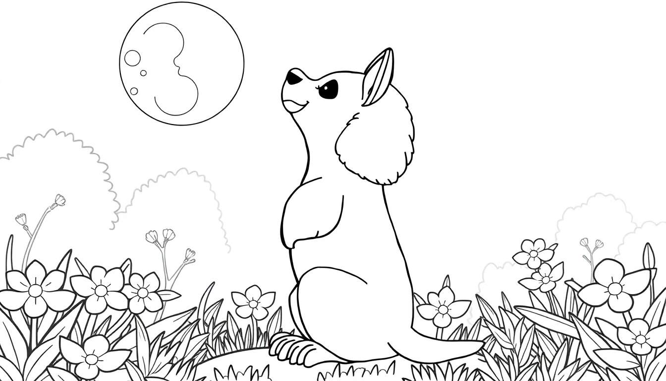 Um marsupial fofo em um campo com flores e grama, olhando para uma lua com rosto desenhado, pronto para colorir.