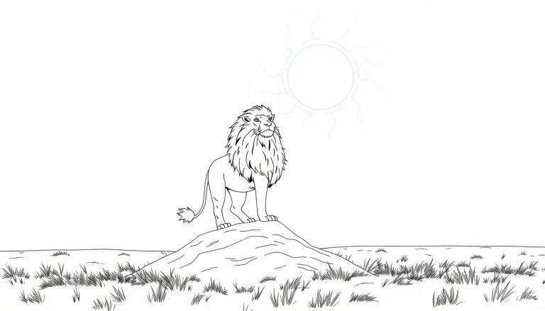 Um leão majestoso em pé numa colina sob um sol radiante, com um leve sombreado no desenho linear.
