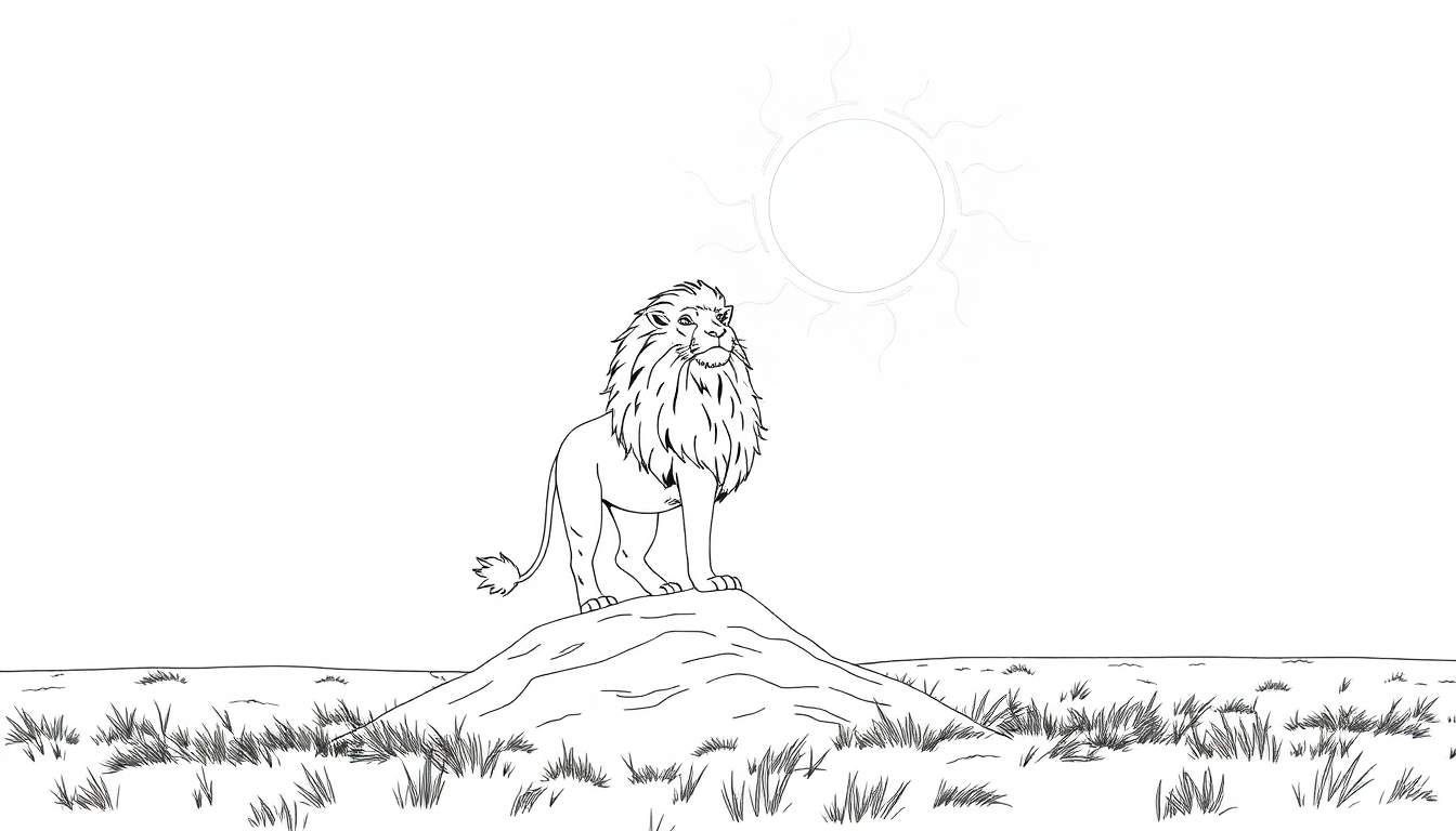 Um leão majestoso em pé numa colina sob um sol radiante, com um leve sombreado no desenho linear.