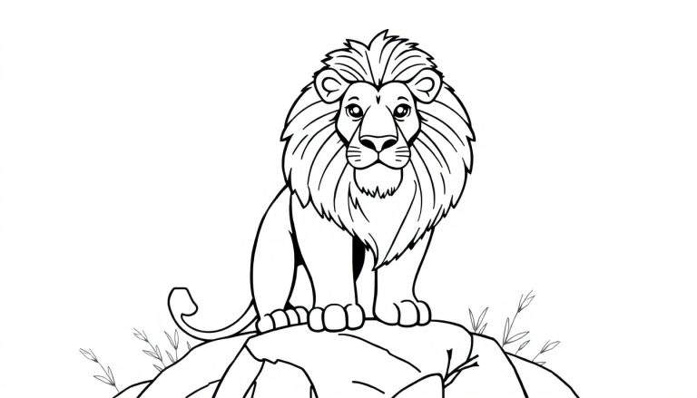 Desenho em preto e branco de um leão majestoso em cima de uma rocha com gramíneas.