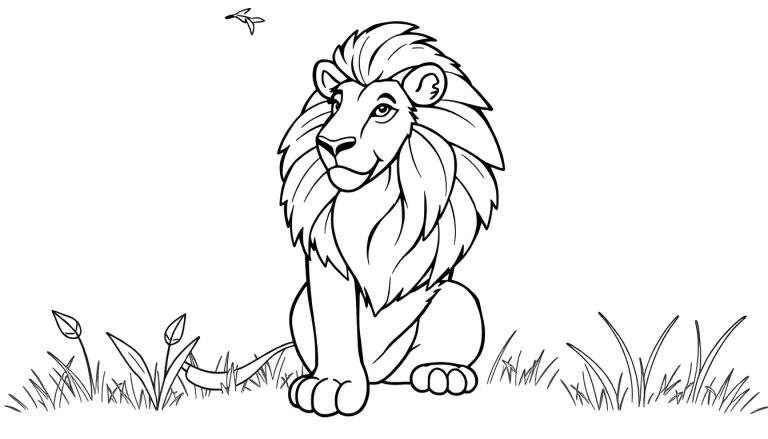 Um leão em preto e branco com uma juba grande e um pássaro voando acima, um design para colorir.