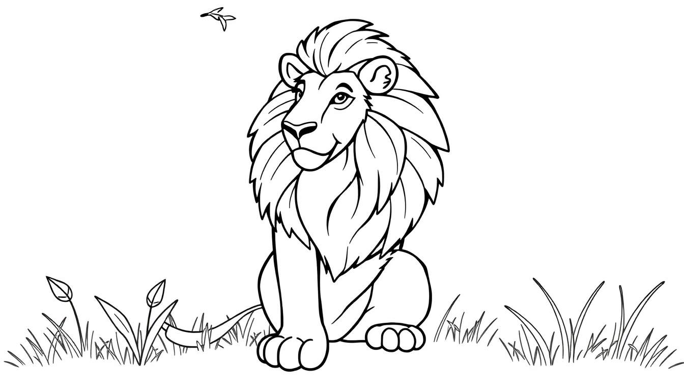 Um leão em preto e branco com uma juba grande e um pássaro voando acima, um design para colorir.