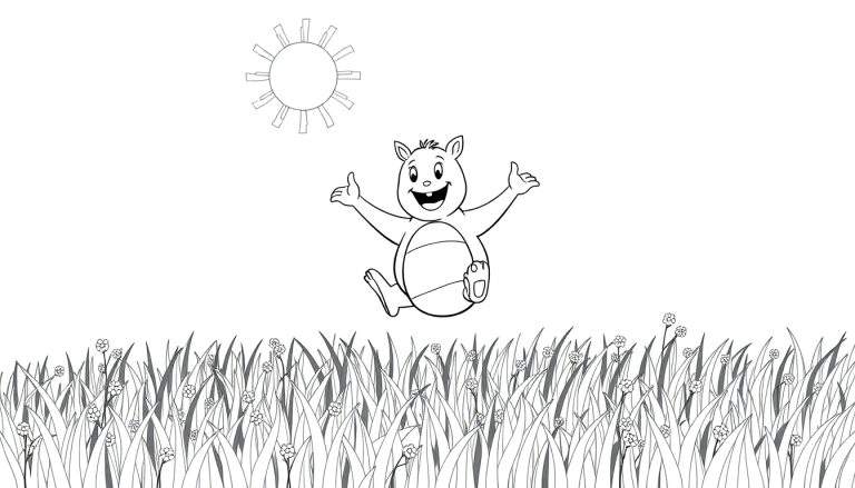 Urso feliz pulando em um campo gramado sob o sol.