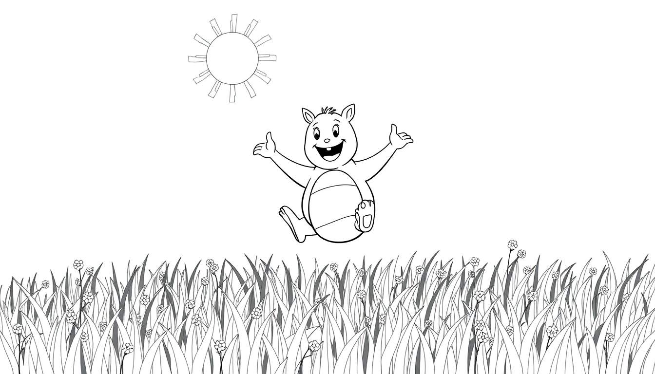 Urso feliz pulando em um campo gramado sob o sol.