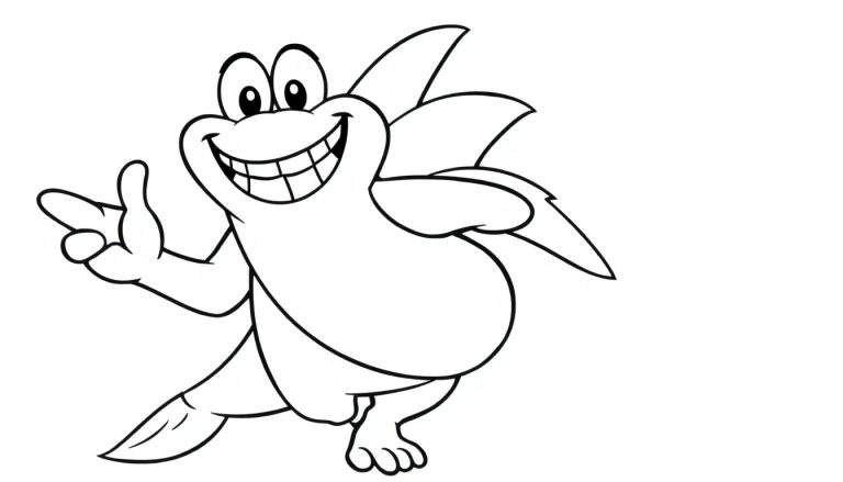 Um amigável criatura híbrida de peixe e dinossauro com um grande sorriso, um color panel perfeito para se divertir.
