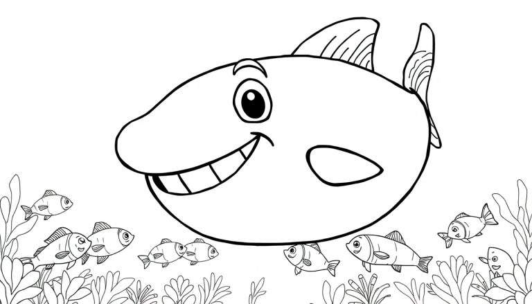 Um grande tubarão sorridente com dentes brancos e barbatanas, cercado por peixes menores e algas em um painel colorido.