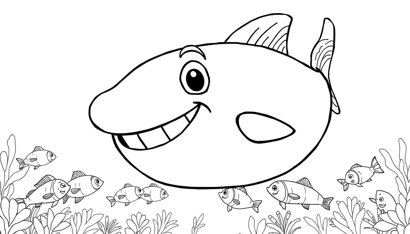 Um grande tubarão sorridente com dentes brancos e barbatanas, cercado por peixes menores e algas em um painel colorido.
