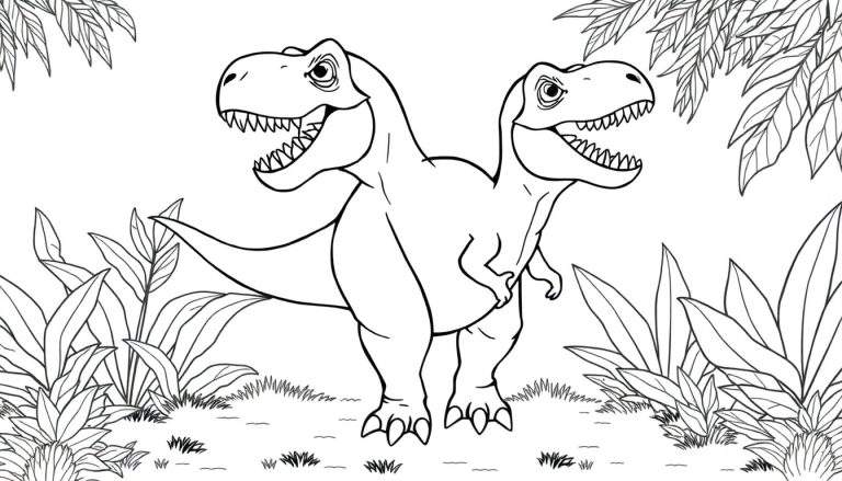 Desenho em preto e branco de um T-Rex de duas cabeças em uma selva, estilo livro de colorir.