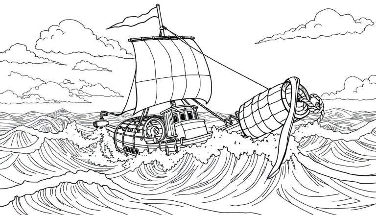 Um navio pirata com bandeira preta e branca navega em ondas agitadas sob um céu nublado, com um tesouro escondido.