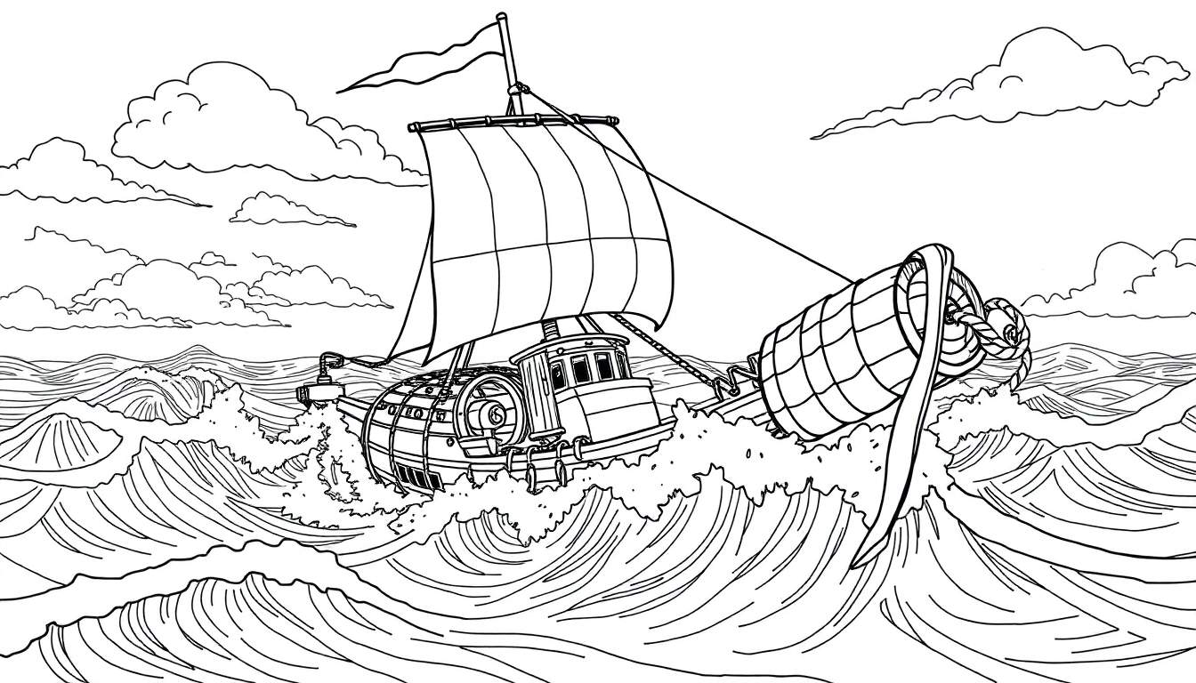 Um navio pirata com bandeira preta e branca navega em ondas agitadas sob um céu nublado, com um tesouro escondido.
