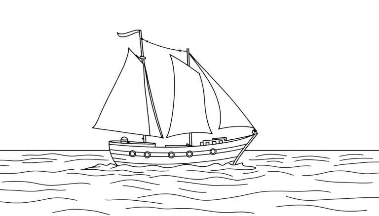 Um veleiro preto e branco com três velas no mar, lembrando um desenho.