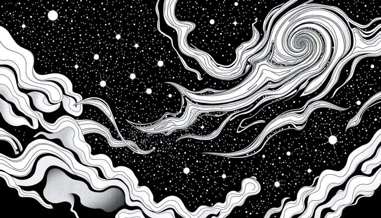 Ilustração em preto e branco de um céu estrelado com formas onduladas brancas e uma espiral no canto superior direito, lembrando arte psicodélica.