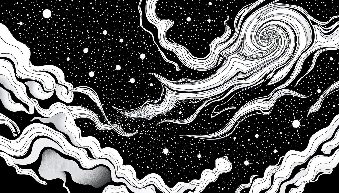 Ilustração em preto e branco de um céu estrelado com formas onduladas brancas e uma espiral no canto superior direito, lembrando arte psicodélica.