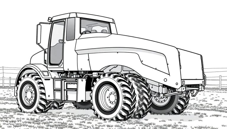 Um trator moderno num campo verde, pronto para ser pintado.