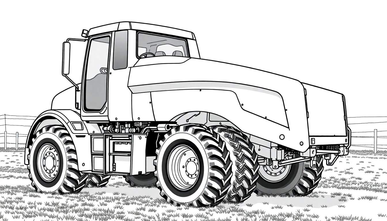 Um trator moderno num campo verde, pronto para ser pintado.