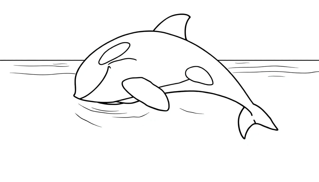 Desenho de contorno de uma orca saltando para fora da água, com áreas para colorir.