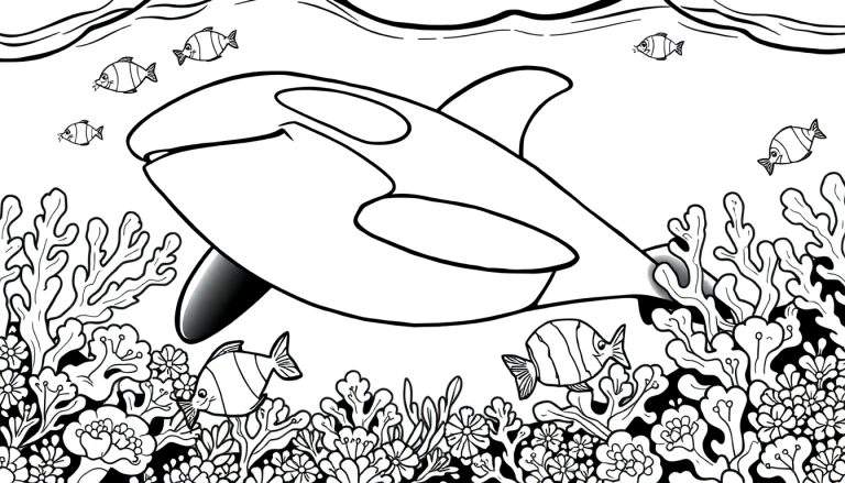 Ilustração em preto e branco de uma orca com peixes e um recife de coral, como um painel de colorir.
