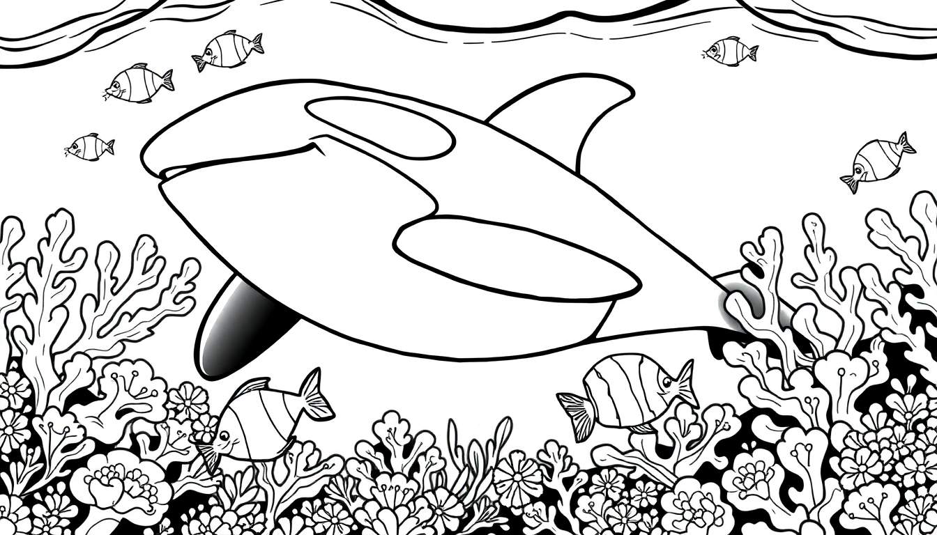 Ilustração em preto e branco de uma orca com peixes e um recife de coral, como um painel de colorir.