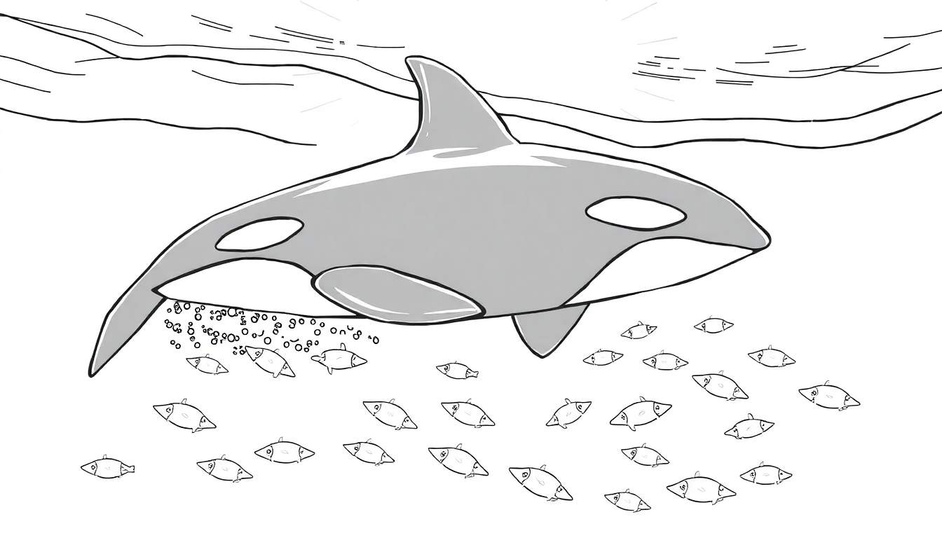 Ilustração em preto e branco de uma orca nadando sob a superfície da água, com pequenos peixes e bolhas, parte de um color panel.