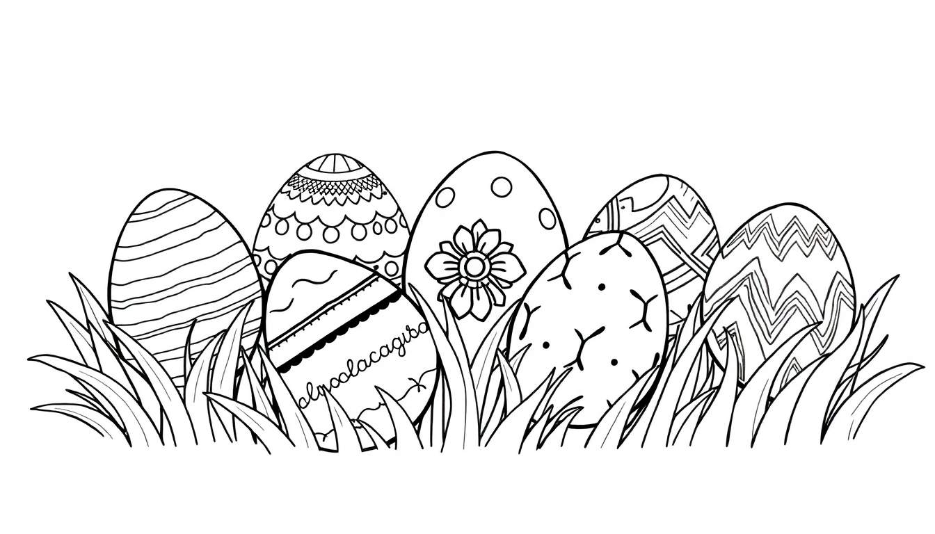 Um desenho para colorir em preto e branco de sete ovos de Páscoa escondidos na grama. Cada ovo tem um padrão diferente, e um deles tem uma inscrição.