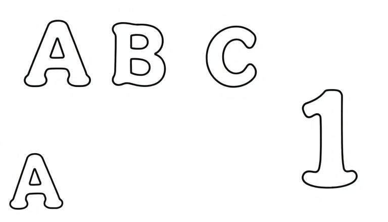 Um painel para colorir com letras grandes e arredondadas A, B, C e o número 1.