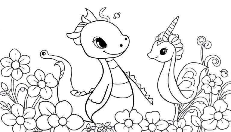 Um dragão de desenho animado fofo com chifres e um unicórnio marinho com chifre espiral em um jardim de flores, pronto para colorir.