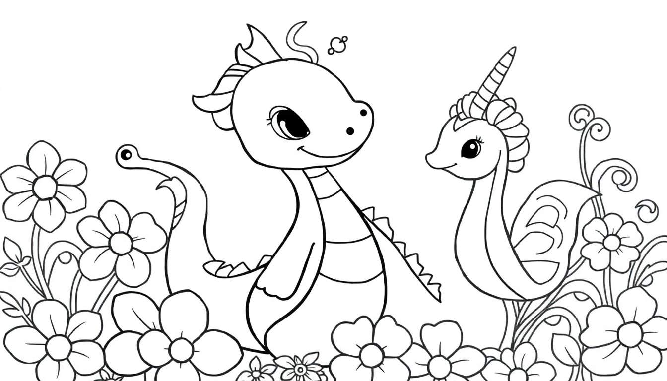 Um dragão de desenho animado fofo com chifres e um unicórnio marinho com chifre espiral em um jardim de flores, pronto para colorir.
