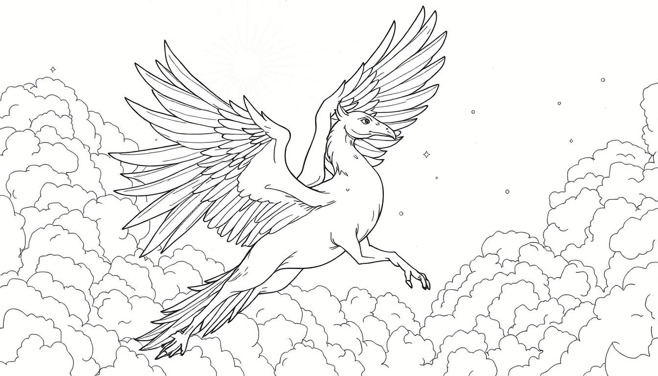 Um grifo com corpo de leão e asas de águia voando entre nuvens macias em um painel de colorir.