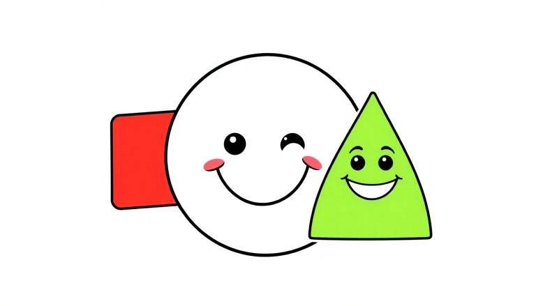 Um círculo azul com um rosto sorridente piscando um olho, um quadrado vermelho e um triângulo verde sorridente em um painel de cores.