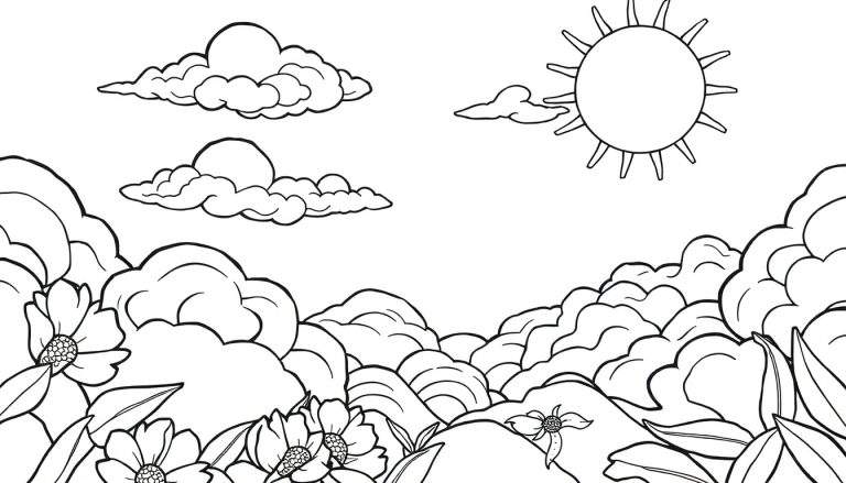 Um desenho em preto e branco de uma paisagem com sol, nuvens e colinas com flores, ideal para colorir. Um color panel para diversão.