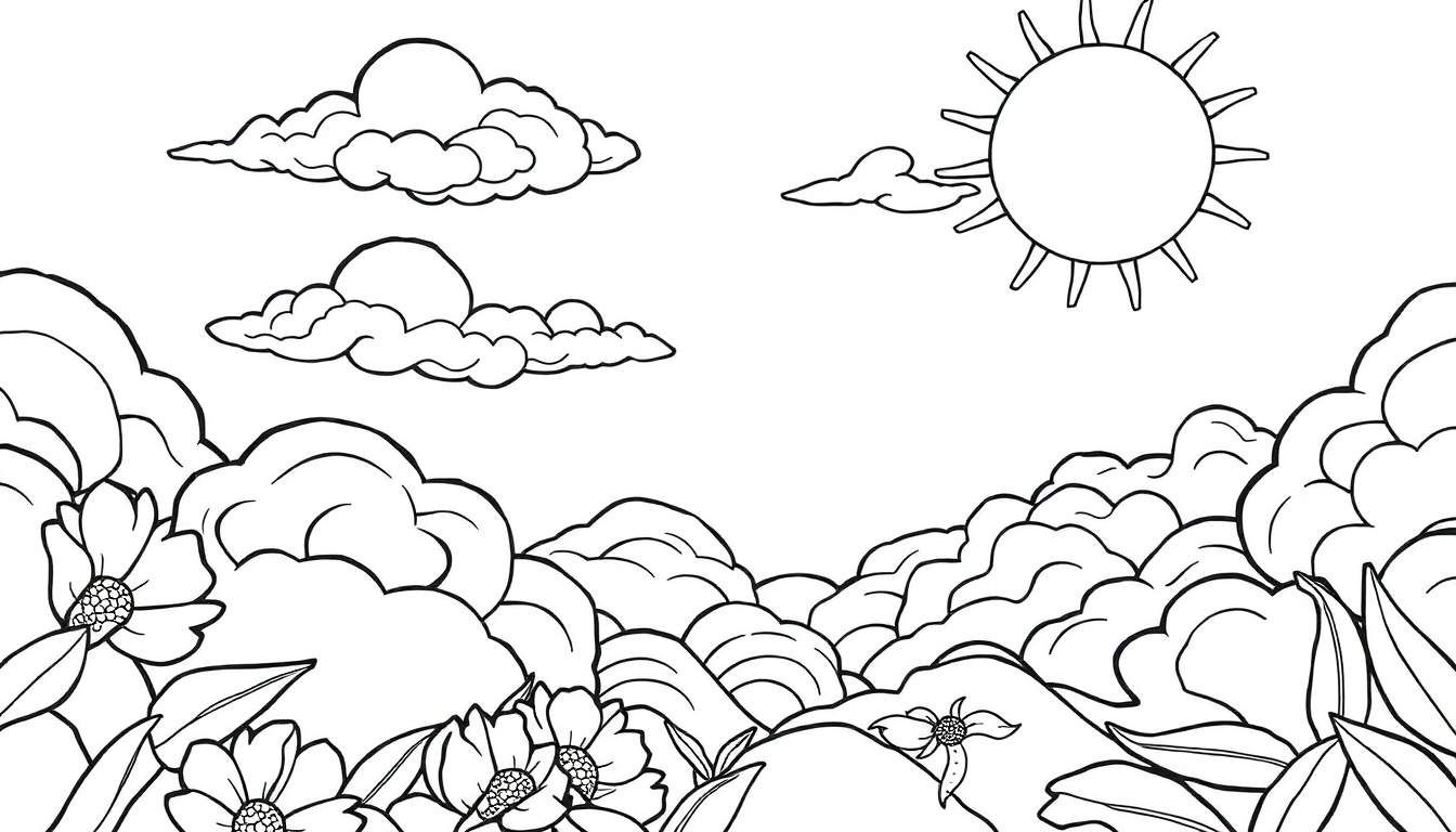 Um desenho em preto e branco de uma paisagem com sol, nuvens e colinas com flores, ideal para colorir. Um color panel para diversão.
